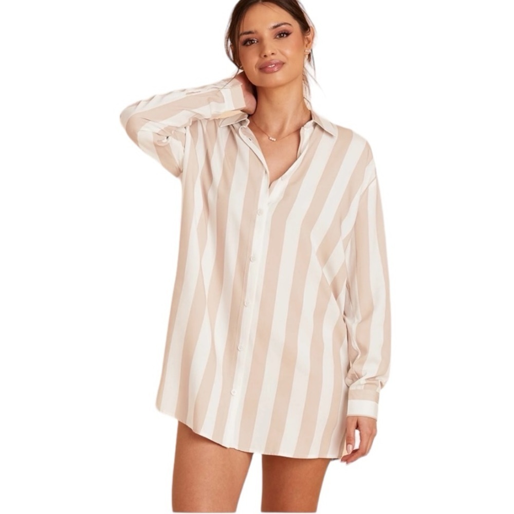 Birdy Grey Eddie Sleep Shirt Taupe Stripe Size Small